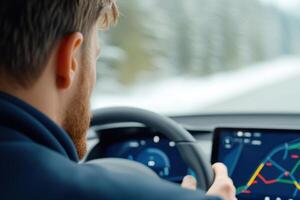 Man using voice commands to locate nearest gas station while driving in snowy conditions photo