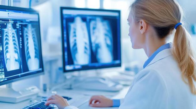 Radiologist analyzes X-rays using advanced AI software on a multi-screen setup in a modern medical facility photo