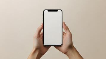A pair of hands showcase a modern smartphone with a clean, white display photo