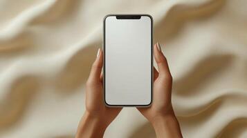 Delicate hands hold a smartphone against a soft, wavy surface, showcasing simplicity photo