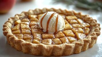 Savoring a warm apple tart topped with creamy vanilla ice cream and drizzled with caramel photo