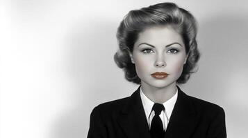 A woman exudes grace and confidence while dressed in a sophisticated black suit photo