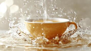 Steaming tea spills as water droplets create mesmerizing patterns and ripples photo