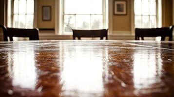 Sunlight streams through windows, illuminating the polished surface of a wooden table photo