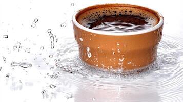 Warm coffee creates mesmerizing splashes in a rustic bowl, reflecting morning tranquility photo