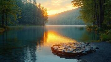 Golden sunlight illuminates a calm lake, creating reflections amid a peaceful forest photo