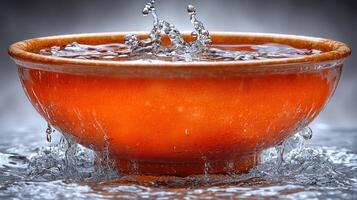 Water cascades from an orange bowl, creating lively ripples and splashes all around photo