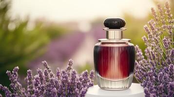 A beautifully designed perfume bottle stands among fragrant lavender in golden sunlight photo