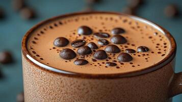 A warm cup of coffee with rich foam and roasted beans floating on top photo