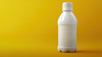 A minimalist white bottle rests on a bright yellow surface, showcasing its unique texture photo