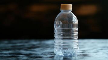 A single water bottle stands proudly on a polished surface, reflecting ambient light photo