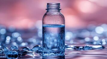 Water fills a clear bottle, reflecting soft hues and creating a tranquil atmosphere photo