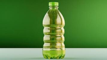 A sparkling green drink in a clear bottle sits on a smooth surface photo