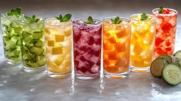 Colorful drinks filled with fresh fruit and ice invite a refreshing summer experience photo