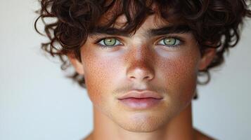 A young man with striking green eyes gazes emotively at the viewer photo