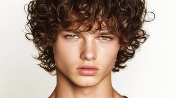 A young man with curly hair and vibrant green eyes captivates with a serene expression photo