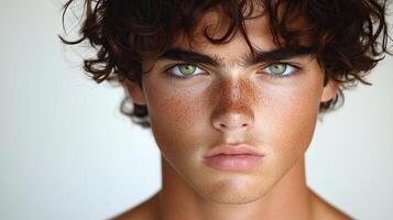 His intense green eyes and curly hair tell a story of youthful curiosity and depth photo