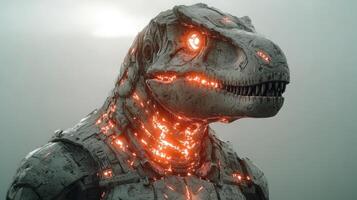 A striking blend of technology and nature, a robotic dinosaur glows in the fog photo