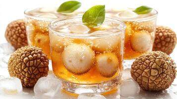 Cool, sparkling beverages with tropical fruits on ice bring a taste of summer joy photo