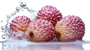 Lychee fruits burst into water, showcasing their unique texture and rich colors photo