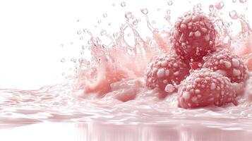 Ripe raspberries burst in pink liquid, creating a lively, refreshing splash photo