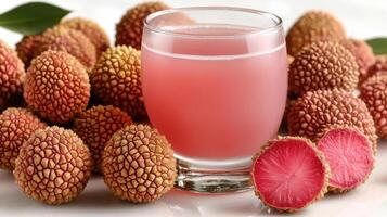 A glass of pink lychee juice rests among fresh lychee fruit, showcasing their colors photo