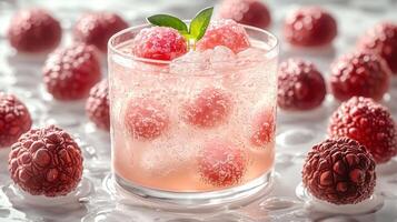 A vibrant raspberry cocktail sits amidst fresh raspberries, ice gleaming in sunlight photo