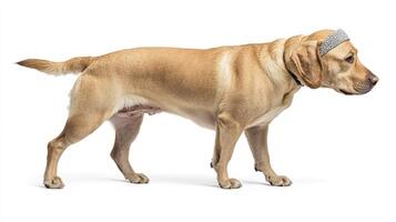 A cheerful labrador sports a sparkling headband while standing confidently photo