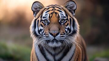 A powerful tiger focuses intently, illuminated by the soft glow of evening light photo