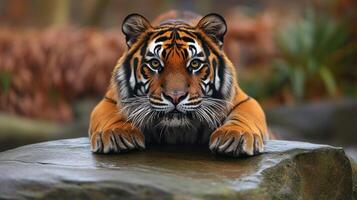 A tiger rests gracefully, observing its environment with an intense gaze photo