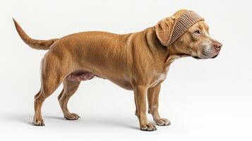 A cheerful dog showcases its playful side with a stylish knitted hat on its head photo