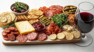 A lovely platter of cured meats, cheeses, and garnishes next to a glass of wine photo