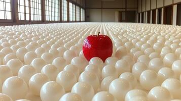 An apple stands alone, surrounded by countless white spheres in a serene setting photo