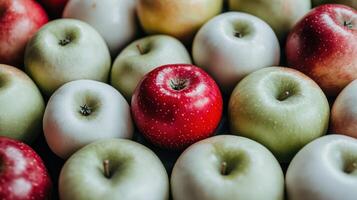 A colorful mix of red and green apples arranged artistically on a textured surface photo