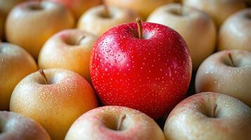 A single bright red apple catches the eye, surrounded by many pale companions photo
