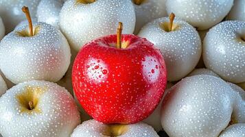 The vibrant red apple glistens amidst a sea of white apples adorned with droplets photo