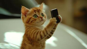 A playful kitten gazes intently at a small device, filled with curiosity and excitement photo
