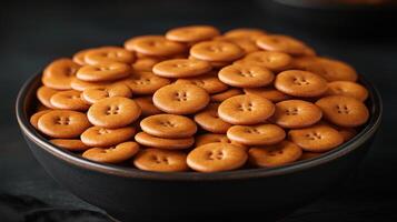 A black bowl filled with button-shaped cookies, golden brown and ready to enjoy photo