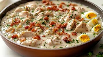 Tender chicken pieces in a creamy sauce with crispy bacon and sliced eggs to enjoy photo