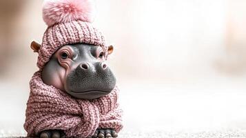 A delightful baby hippo is bundled up in a warm scarf and hat, exuding charm photo