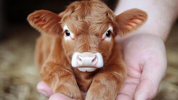 A farmer lovingly holds a cute calf, showcasing a moment of warmth and connection photo