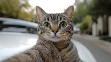 A playful tabby cat captures a selfie with bright green eyes, enjoying the outdoors photo