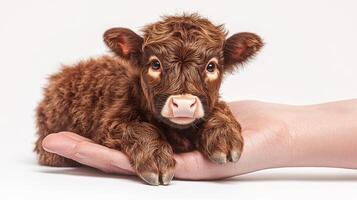 A small brown calf rests in an outstretched hand, displaying its cute expression photo