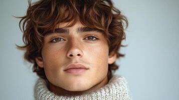 The young man looks directly at the viewer with a calm expression, embodying elegance photo