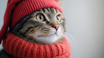 A stylish cat adorned with a red hat and scarf gazes thoughtfully, radiating warmth photo