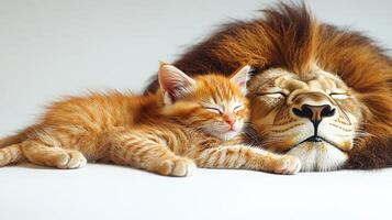 A playful orange kitten cuddles up to a resting lion, showing their friendship photo