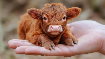 A small calf gazes curiously from the safety of a hand in a peaceful landscape photo