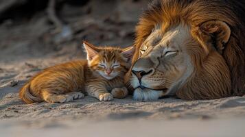 An affectionate lion rests beside a sleeping kitten, showcasing a heartwarming bond photo