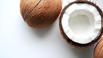 Two fresh coconuts, one opened to showcase creamy white flesh, create a tropical allure photo