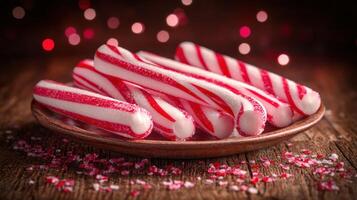 Candy canes rest elegantly on a wooden plate, capturing the holiday spirit photo